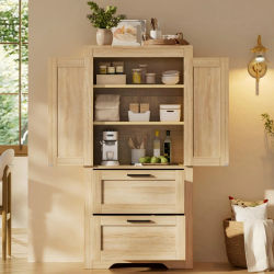 Muebles de cocina estilo rústico, armarios de almacenamiento, con dos cajones y estantes ajustables. Los gabinetes laterales presentan un diseño de puerta corredera y son adecuados para ser utilizados