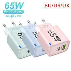 Cargador USB GaN de 65W, USB Tipo C, Carga Rápida, Adaptador de Corriente para Teléfono Móvil, QC3.0, Cargador de Viaje EU/US/UK para iPhone, Samsung, Xiaomi