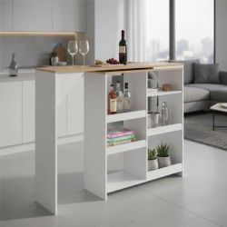 Mesa de bar con estante extraíble, color blanco, 138x39x110 cm, mesa de bar con estante, madera sintética, muebles para el hogar, cocina, pub