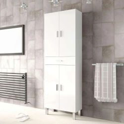 Columna de baño, mueble lavabo, 4 puertas y 1 cajón, modelo Aruba, acabado blanco brillo, mueble de baño
