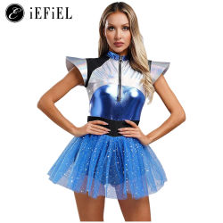 Disfraz de astronauta alienígena para mujer, disfraz de Robot alienígena, manga casquillo metálica, vestido de baile tutú para Festival de Carnaval y Halloween