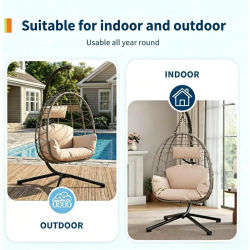 Silla Colgante Plegable de Mimbre Garvee para Adultos, Juego Completo con Estructura Metálica y Cubierta Impermeable, Silla Tipo Huevo Acolchada de Poliéster para Interiores y Exteriores, para Patio,