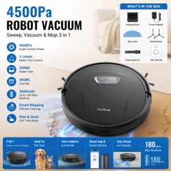Robot Aspirador con 4500Pa de Succión Potente, Autocargable, con APP, para Limpieza Profunda de Pisos Duros, Alfombras y Pelo de Mascotas
