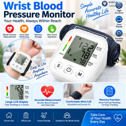 Monitor digital de presión arterial para la muñeca, dispositivo automático con pantalla LCD de gran tamaño, medidor de frecuencia cardíaca y pulso, función de memoria, monitor de salud portátil para