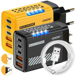 240W QC3.0 PD 5 puertos GaN cargador rápido enchufe de EE. UU./UE adaptador de cabezal de carga de teléfono con luz LED para iPhone Samsung Huawei Xiaomi