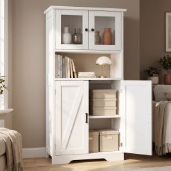 Mueble organizador multifuncional para la entrada, con puertas de cristal, de gran altura, independiente, ideal para el baño, la cocina, la despensa y como estantería de almacenamiento. Mueble rústico