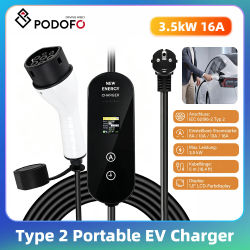 Cargador portátil para vehículos eléctricos Podofo, 16 A, 3,5 kW, tipo 2, con pantalla a color y botones táctiles dobles para programar la carga, cable de carga para vehículos eléctricos, cargador