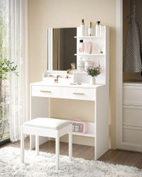 Tocador con Espejo, Mueble de Tocador con 4 Estantes Abiertos y 2 Compartimentos, Tocador con 2 Cajones, para Dormitorio