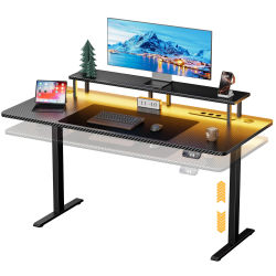 Escritorio de Oficina Eléctrico de Altura Ajustable, Estación de Trabajo para Juegos con Tomas de Corriente y Puertos USB Integrados, Elevador de Monitor, 2 Ajustes de Altura, Superficie de Fibra de