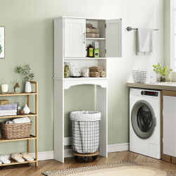 Mueble de baño blanco con doble puerta, de diseño independiente, con compartimento abierto y protección antivuelco: ideal para ahorrar espacio en habitaciones pequeñas.