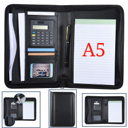 Cartera de negocios A5, carpeta Padfolio, organizador de documentos, cuero PU, cierre con cremallera, calculadora, tarjetero, Memo