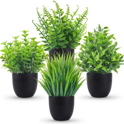 Plantas falsas, 4 paquetes de plantas artificiales, pequeñas plantas de imitación, accesorios de baño negros para baño, hogar, oficina, decoración de mesa interior
