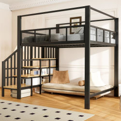 Cama alta metálica con dosel decorativo, escritorio integrado, almacenamiento debajo de la cama, escalera, barandilla de seguridad, estructura de cama alta individual resistente, muebles para