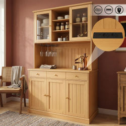 Aparador alto natural de 120x40x191 cm con puertas de cristal, soporte para vinos, almacenamiento multinivel, enchufe integrado, puertos USB A y USB C, mueble multifuncional para exhibición en cocina,
