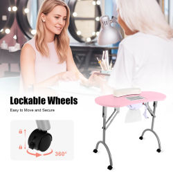 Mesa de Manicura Plegable con Ventilación y Ruedas, Mesa de Uñas Moderna con Bolsa y Aspiradora de Polvo, Rosa, para Salón de Belleza y Uso Doméstico