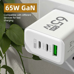 Cargador USB GaN de 65W con 3 Puertos Tipo C PD, Adaptador de Carga Rápida para Celulares, Quick Charge 3.0 para iPhone, Xiaomi, Samsung, Huawei