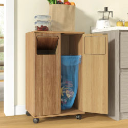 Gabinete de Almacenamiento de Basura con Ruedas, Contenedor de Residuos Móvil de Madera con 2 Compartimentos, Organizador de Basura Independiente para Cocina y Comedor, Mueble que Ahorra Espacio