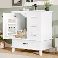 Mueble de baño con lavabo de 76x46x83,5cm, lacado completo, estante en la puerta, tres cajones silenciosos, lavabo cerámico integrado