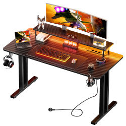 Escritorio ergonómico para juegos con enchufes, tablero de fibra de carbono con soporte para vasos y gancho para auriculares, para juegos con soporte para monitor