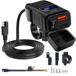 Cargador para Motocicleta, Adaptador Impermeable de 12V-24V, Puertos USB PD para Teléfono, Carga Rápida 3.0, con Interruptor y Voltímetro Digital