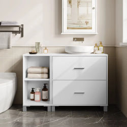 Mueble de Baño Blanco ESituro con Estante y 2 Cajones, Organizador de Almacenamiento para Baño, Mueble Auxiliar para Lavabo/Inodoro
