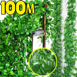 Guirnalda de vid de hiedra verde Artificial de 100/2M, plantas de hojas falsas, guirnaldas enredaderas colgantes de ratán para decoraciones de pared para fiesta de boda y jardín