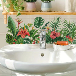 Calcomanías de Pared de Plantas Tropicales, Adhesivos de Pared de Hojas de Hibisco y Monstera, Arte de Pared de Flores de la Selva Removible para Sala de Estar, Dormitorio, Baño