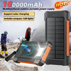 Banco de energía Solar de 100000mAh, cargador portátil de batería externa, Banco de energía impermeable con linterna SOS para IPhone, Xiaomi, Huawei