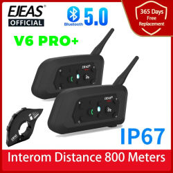 EJEAS V6 PRO + auriculares intercomunicadores Bluetooth para casco de motocicleta con comunicador interfono BT de 800M para 6 conductores IP67 resistente al agua
