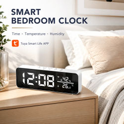 Reloj Inteligente WiFi para Dormitorio, Monitor de Temperatura y Humedad, Aplicación Tuya Smart Life, Espejo LED, Reloj Despertador USB para Mesa de Noche