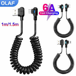 Cable de datos de resorte corto 6A, Cable de carga rápida USB C a tipo C de doble codo para iPhone 15 16 Pro, Cable cargador de teléfono Samsung Xiaomi