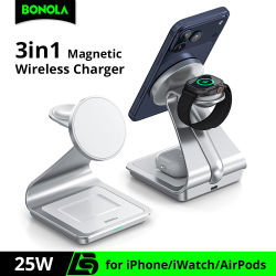 Bonola Cargador inalámbrico magnético 3 en 1 para iPhone 17/16/15/13/14/12 Estación de carga inalámbrica de 30 W para Apple Watch/AirPods Pro