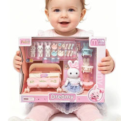 Muebles para Casa de Muñecas, Set de Juego de Imitación de Guardería de Conejitos en Miniatura con Muñecas y Cochecito, Juguete de Rol para Niños, Regalos de Cumpleaños para Niños Pequeños