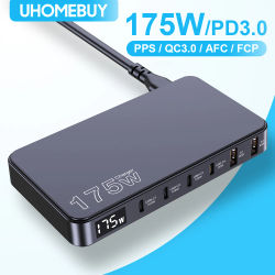 UHOMEBUY-estación de carga USB C de 175W, cargador GaN ultrafino de 6 puertos con pantalla LCD, cargador de escritorio PD100W para iPhone, Samsung y MacBook