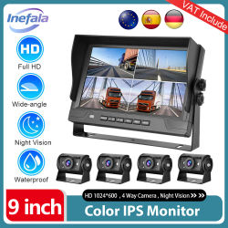 Kit de monitor de visión trasera Podofo de 9 pulgadas, 4 canales, cámaras de visión nocturna 1080P, sistema de aparcamiento con cámara trasera para camiones/autobuses escolares/autobuses