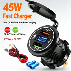 Cargador de Coche USB Dual QC3.0 con Voltímetro LED, Enchufe de Carga Rápida de 12-24V para Vehículo, Motocicleta, RV, Barco