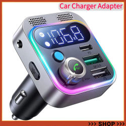 Transmisor FM LED Bluetooth 5,0 con micrófonos duales fuertes y sonido de graves profundos para coche 48W PD y adaptador de cargador de coche QC3.0