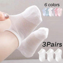 3 par/lote de calcetines cortos tobilleros de algodón de malla fina de verano para bebés, calcetines elásticos suaves transpirables para niños y niñas