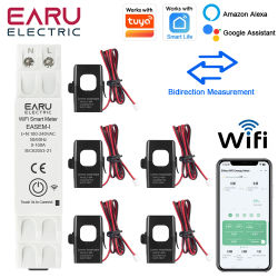 Medidor de Energía Solar Fotovoltaica EARU de 5 Canales con WiFi, Aplicación Tuya, Monitor Bidireccional de Corriente, Voltaje y kWh, con 5 Pinzas CT