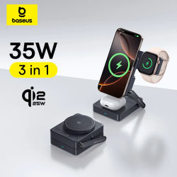 Cargador Inalámbrico Magnético 3 en 1 Baseus Qi2.2 de 25W con Carga Rápida para iPhone 17 16 15 14, Apple Watch, Auriculares, AirPods Pro, iWatch