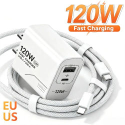 Cargador USB C GaN de 120W con 2 puertos, adaptador de corriente de carga rápida para iPhone, Samsung, Xiaomi, tipo C, enchufe estadounidense, cargador de pared.