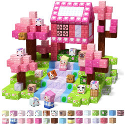 Bloques de Construcción Magnéticos Mine World, Juego de Cubos con Diseño de Corazón Rosa, Flores, Plantas y Zombis, Regalos para Niños
