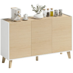 Aparador de cocina HOMCOM, mueble de almacenaje estilo nórdico, 3 puertas con cierre suave, 6 compartimentos, madera natural y blanco