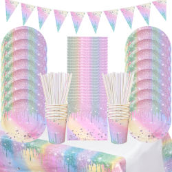 Juego de vajilla desechable con diamante iridiscente, plato de papel, vasos, servilletas, suministros de decoración para fiesta de cumpleaños para niñas y niños, Baby Shower