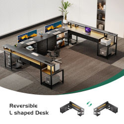 Escritorio en Forma de L con Iluminación LED, Toma de Corriente Integrada y Puerto USB, Estante para Monitor, Múltiples Cajones, Color Negro-Blanco Seleccionable, Escritorio Reversible para Juegos y