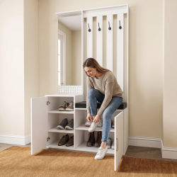 Comanlai - Conjunto de Banco para Zapatos y Perchero Blanco para Montar en la Pared - Mueble Minimalista y Multifuncional para Entrada con Cojín Extraíble, Ideal para Pasillos y Entradas