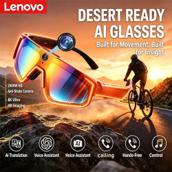 Lenovo 2026 Nuevas Gafas Inteligentes con IA ChatGPT, Cámara de 2400W, Video 1080P Antivibración, Gafas de Sol Deportivas para Ciclismo, Micrófono Dual, 32GB, Resistentes al Viento