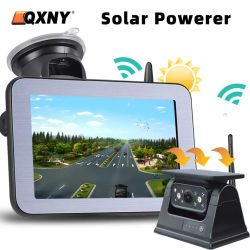 QXNY Cámara de respaldo inverso con imán de energía solar inalámbrica con monitor de visión trasera AHD de 5 "para camper, camión, remolque, RV