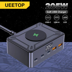 Ueetop-cargador GaN de 205W, cargador USB 6 en 1, carga rápida 3,0 PPS, USB tipo C PD, cargador rápido para Macbook iPhone 15 14 Samsung S23