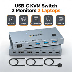 Conmutador KVM USB-C para 2 Monitores y 2 Laptops 4K@60Hz, Conmutador USB C HDMI/DP de Doble Monitor para 2 Laptops que Comparten 2 Monitores y 4 Dispositivos USB3.0